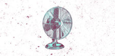 A table fan with a distortion effect colored with teal and red